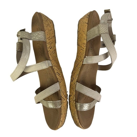 Skechers Sandals Womens 9.5 Luxe Foam Cork Beige And Metallic Snake Skin Shoes - Picture 3 of 10
